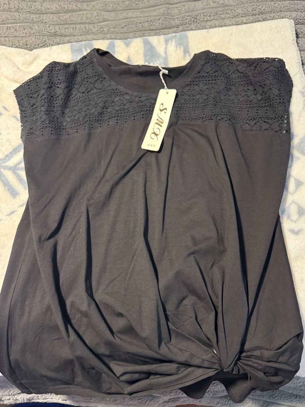 Black Crochet Yoke Knot-Hem Women's Top